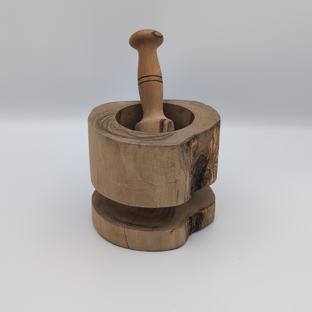 Vintage Rustic Wood Mortar & Pestle Hand Carved Log Primitive Folk Art Live Edge